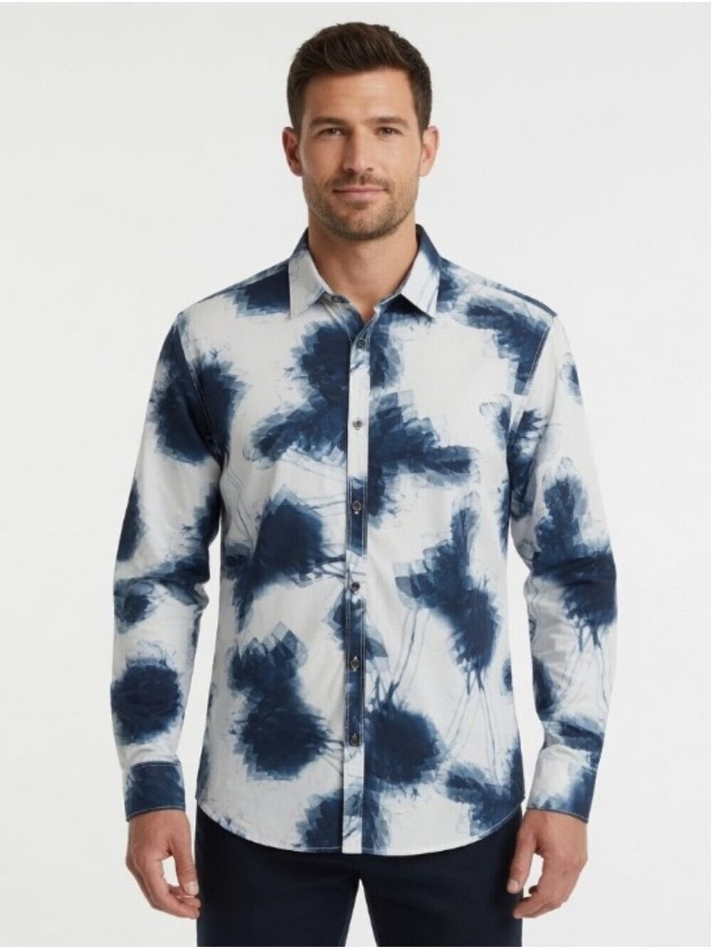 Calvin Klein Men's White Navy Abstract Print Button-Down Shirt Size XL